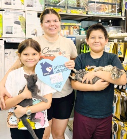 two cats posing with their new family at petco