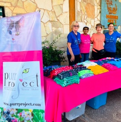 Purr Project volunteers standing behind a pink table with all the t-shirts folded on top