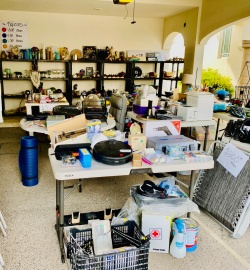 Garage sale tables and shelves set